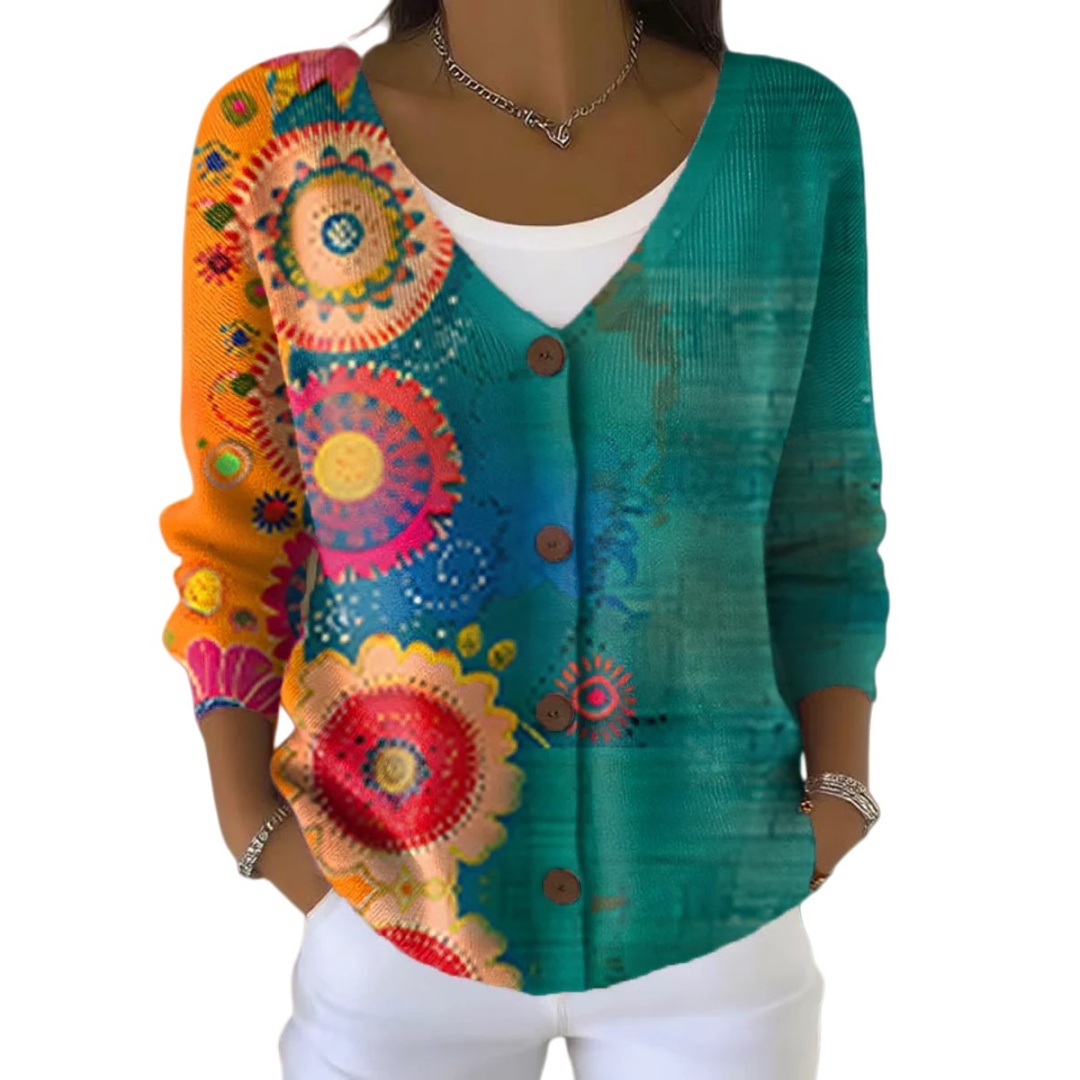 Womens Boho Floral Cardigan V-Neck Button-Up Sweater Outerwear Knited Sweater